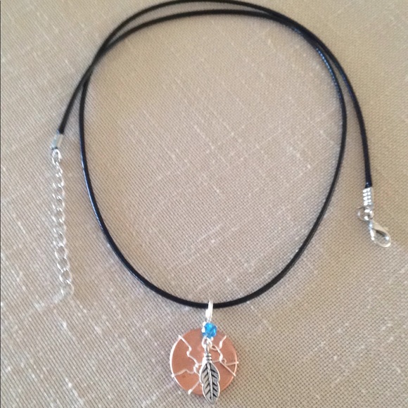 Hand Crafted Penny Feather Necklace Wire Wrapped Beaded - Picture 2 of 3